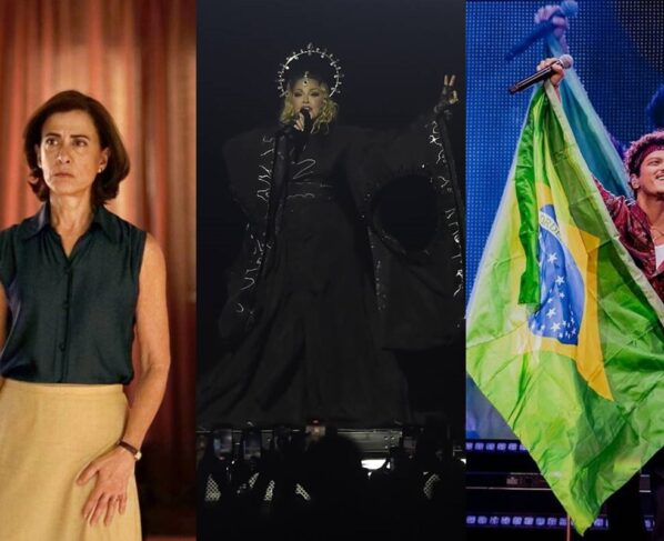 montagem com fotos de fernanda torres, maddona e bruno mars - metrópoles
