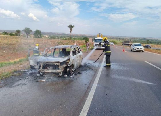 Carro pega fogo na BR-364 em Jaciara