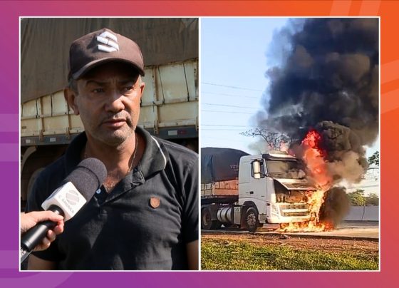 Motorista de carreta escapa por um triz apos cabine pegar fogo em Cuiaba veja video